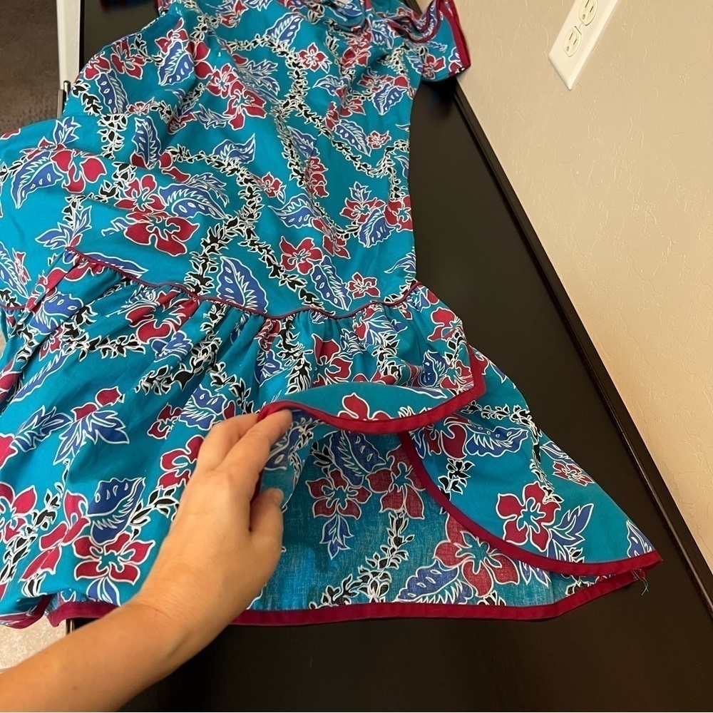 Hilo Hattie Hawaiian midi/maxi dress, turquoise and red, tropical print sz 14 - Picture 6 of 13